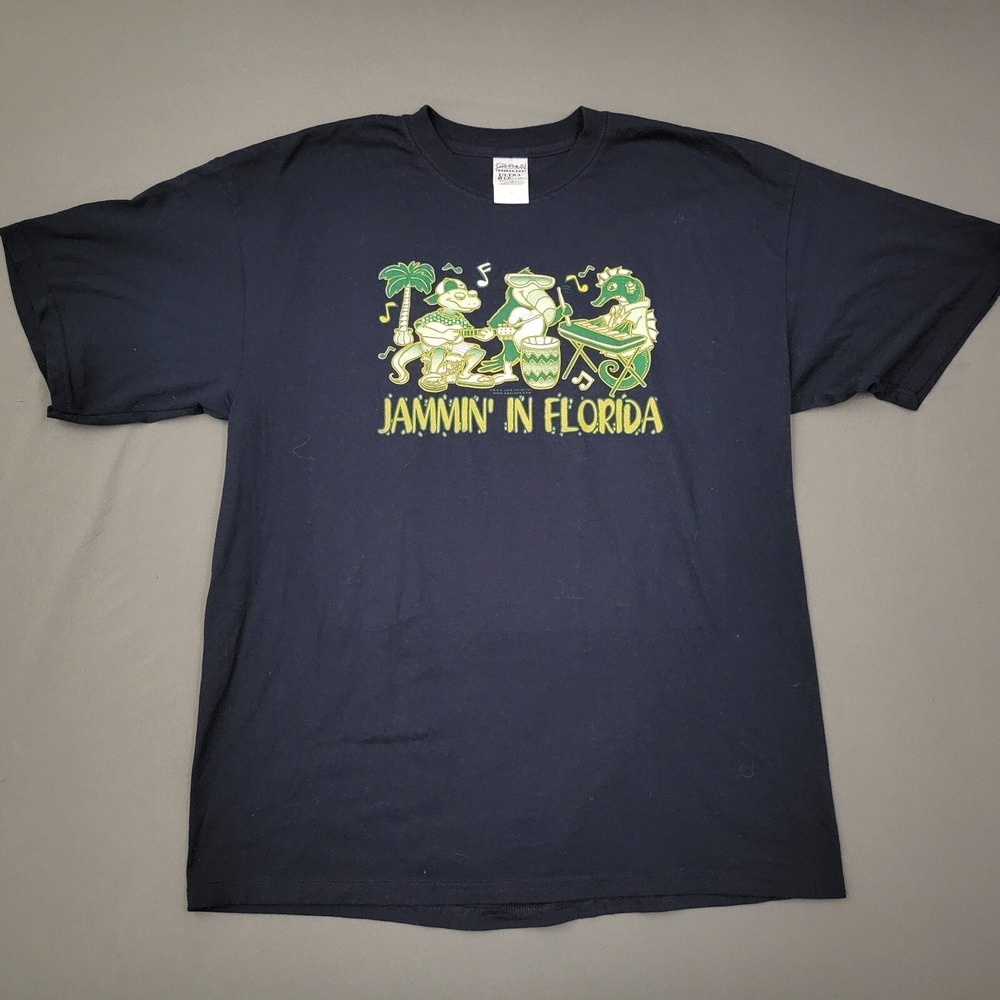 Gildan Ultra Blend Jammin In Florida Graphic T-Shirt Mens XL Navy Heavyweight